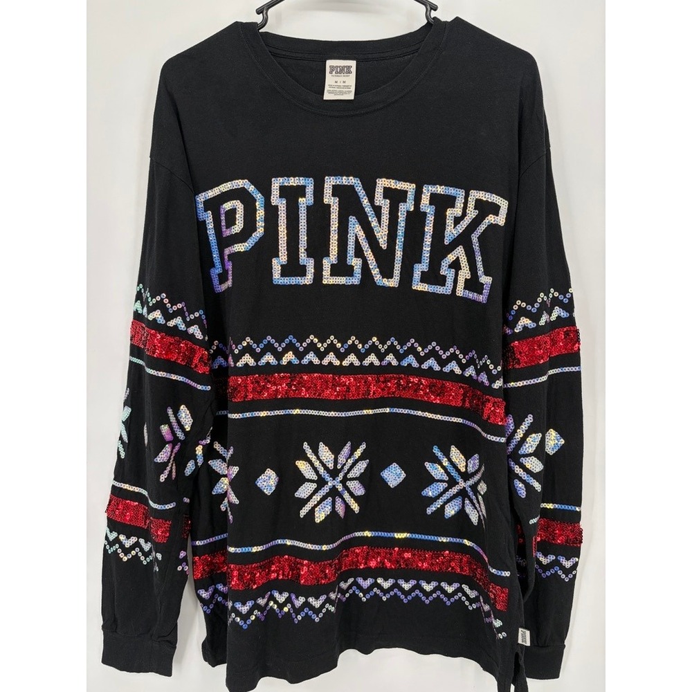 Victoria's Secret PINK Sweatshirt M Black Sequin Fair Isle Holiday Oversized